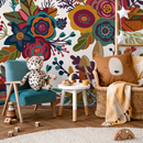 Folk Art Wallpaper with Whimsical Flowers and Mushrooms in Red, Yellow, and Teal - B398