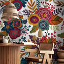 Folk Art Wallpaper with Whimsical Flowers and Mushrooms in Red, Yellow, and Teal - B398