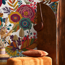 Folk Art Wallpaper with Whimsical Flowers and Mushrooms in Red, Yellow, and Teal - B398