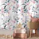 Floral Wallpaper with Hand-Drawn Lilies and Wildflowers in Pink, Blue, and Yellow - B401
