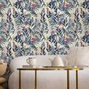 Botanical Wallpaper with Tropical Leaves and Flowers in Blue, Red, and Yellow - B414