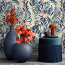 Botanical Wallpaper with Tropical Leaves and Flowers in Blue, Red, and Yellow - B414