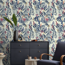 Botanical Wallpaper with Tropical Leaves and Flowers in Blue, Red, and Yellow - B414
