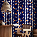 Geometric Wallpaper with Faceted Circles in Navy Blue and Orange - B434
