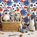 Floral Wallpaper Featuring a Painterly Print in Blue and Red - B448