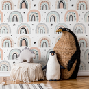 Scandinavian Wallpaper with Boho Rainbows in Pink, Mint, and Beige - B491