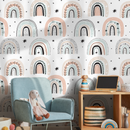 Scandinavian Wallpaper with Boho Rainbows in Pink, Mint, and Beige - B491