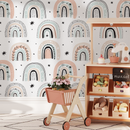 Scandinavian Wallpaper with Boho Rainbows in Pink, Mint, and Beige - B491