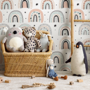 Scandinavian Wallpaper with Boho Rainbows in Pink, Mint, and Beige - B491