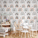 Scandinavian Wallpaper with Boho Rainbows in Pink, Mint, and Beige - B491