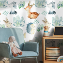 Woodland Wallpaper with Watercolor Forest Animals in Brown, Blue, and Green - B509