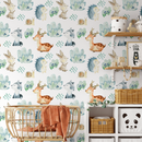 Woodland Wallpaper with Watercolor Forest Animals in Brown, Blue, and Green - B509