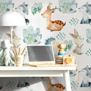Woodland Wallpaper with Watercolor Forest Animals in Brown, Blue, and Green - B509