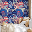 Pop Art Wallpaper Featuring Graphic Female Portraits in Blue, Pink, and Red - B523