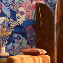 Pop Art Wallpaper Featuring Graphic Female Portraits in Blue, Pink, and Red - B523