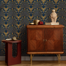 Art Deco Wallpaper with a Geometric Fan Motif in Navy Blue and Gold - B545