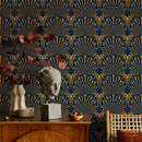 Art Deco Wallpaper with a Geometric Fan Motif in Navy Blue and Gold - B545