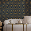 Art Deco Wallpaper with a Geometric Fan Motif in Navy Blue and Gold - B545