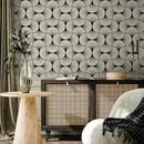 Art Deco Wallpaper with an Elegant Fan Pattern in Navy Blue and Cream - B559