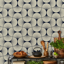 Art Deco Wallpaper with an Elegant Fan Pattern in Navy Blue and Cream - B559
