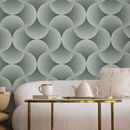 Art Deco Wallpaper with a Scalloped Fan Motif in Dark Teal and Cream - B560