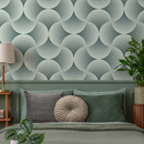 Art Deco Wallpaper with a Scalloped Fan Motif in Dark Teal and Cream - B560