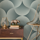 Art Deco Wallpaper with a Scalloped Fan Motif in Dark Teal and Cream - B560