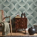 Art Deco Wallpaper with a Scalloped Fan Motif in Dark Teal and Cream - B560