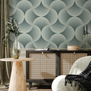 Art Deco Wallpaper with a Scalloped Fan Motif in Dark Teal and Cream - B560