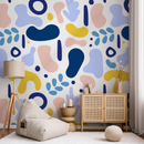 Abstract Wallpaper with Organic Shapes in Blue, Pink, and Yellow - B567