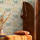 Floral Wallpaper with a Stylized Meadow in Orange, Yellow, and Green - B581