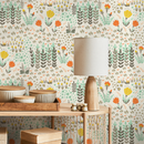 Floral Wallpaper with a Stylized Meadow in Orange, Yellow, and Green - B581