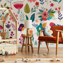 Floral Wallpaper with Folk Art Birds and Blooms in Pink, Blue, and Green - B585