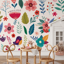 Floral Wallpaper with Folk Art Birds and Blooms in Pink, Blue, and Green - B585