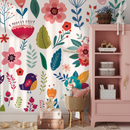 Floral Wallpaper with Folk Art Birds and Blooms in Pink, Blue, and Green - B585