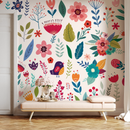 Floral Wallpaper with Folk Art Birds and Blooms in Pink, Blue, and Green - B585