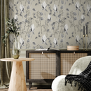 Floral Wallpaper with a Sketch Style Rose Motif in Sage and Black - B593