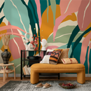Botanical Wallpaper with an Abstract Tropical Leaf Motif in Teal, Pink, and Ochre - B634