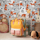 Woodland Wallpaper Featuring Hand-Drawn Foxes and Birds in Orange, Black, and Blue - B698