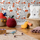 Woodland Wallpaper Featuring Hand-Drawn Foxes and Birds in Orange, Black, and Blue - B698