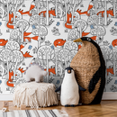 Woodland Wallpaper Featuring Hand-Drawn Foxes and Birds in Orange, Black, and Blue - B698