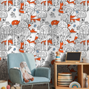 Woodland Wallpaper Featuring Hand-Drawn Foxes and Birds in Orange, Black, and Blue - B698