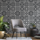 Tile Wallpaper with Ornate Geometric Patterns in Black and White - B702