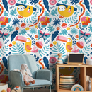 Jungle Wallpaper with Cute Sloths and Tropical Leaves in Yellow, Pink, and Blue - B707
