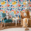 Jungle Wallpaper with Cute Sloths and Tropical Leaves in Yellow, Pink, and Blue - B707