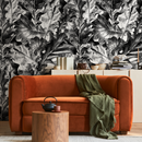 Botanical Wallpaper with Hand-Drawn Leaves in Black and White - B718