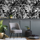 Botanical Wallpaper with Hand-Drawn Leaves in Black and White - B718