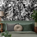 Botanical Wallpaper with Hand-Drawn Leaves in Black and White - B718