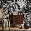 Botanical Wallpaper with Hand-Drawn Leaves in Black and White - B718