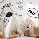 Animal Wallpaper with Doodle Style Dinosaur and Friends in Mint Green, Peach, and Black - B723